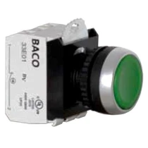 Кнопка управления зеленая с подсветкой LED 130В, 22мм, 1НО/1НЗ, BACO CONTROLS L21AH20-3EAGM11